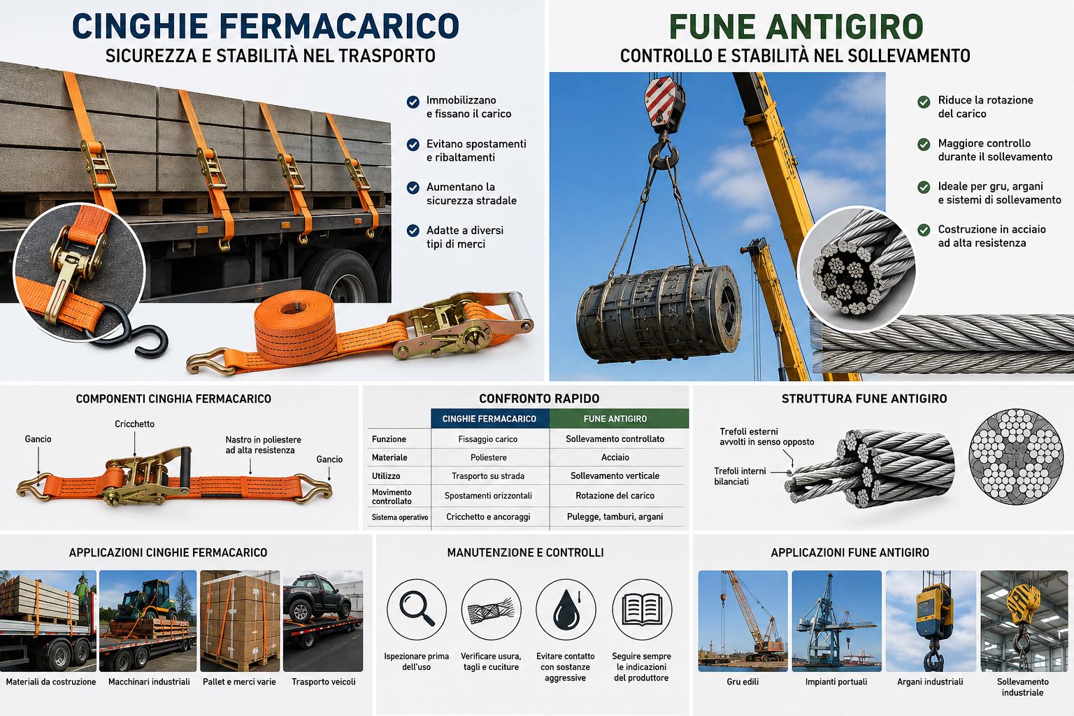 Cinghie fermacarico e fune antigiro: cosa sapere per una movimentazione professionale dei carichi
